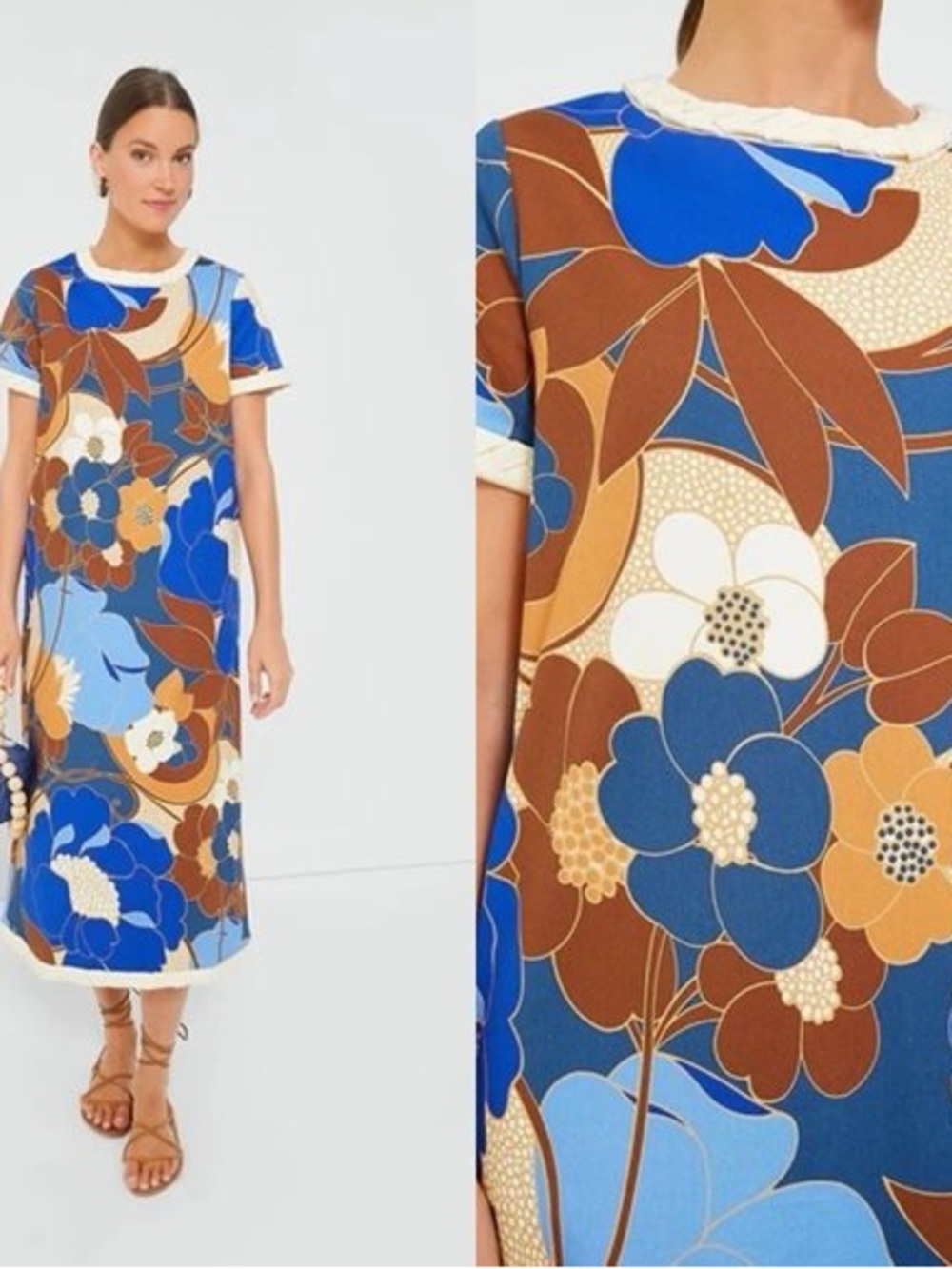 Tuckernuck Blue and Brown Floral Short-Sleeve Midi Dress
